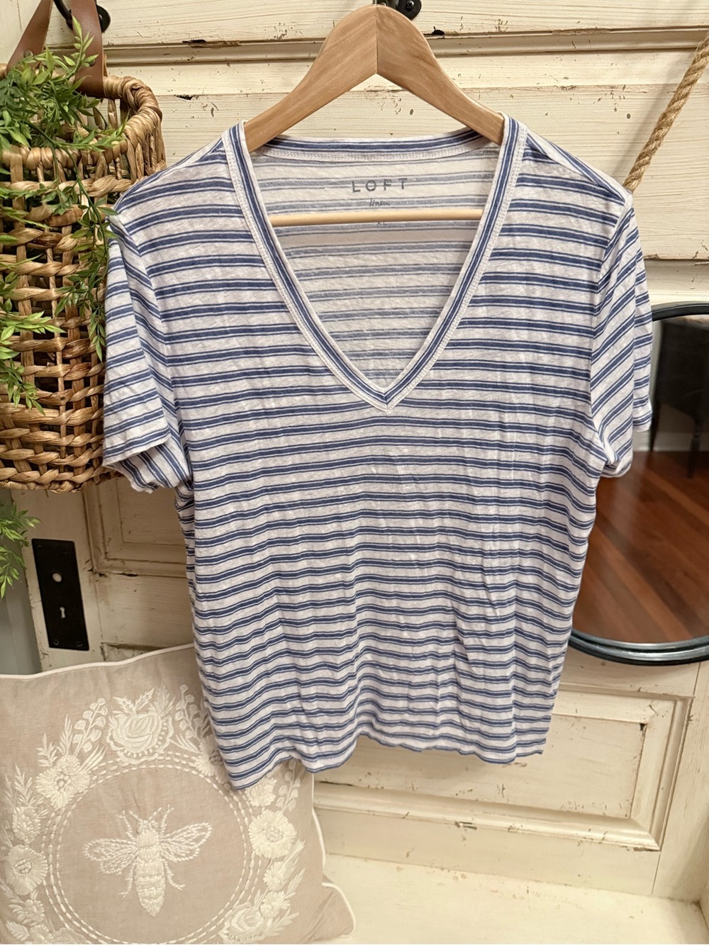 LOFT Cream and Blue Striped V-Neck Top